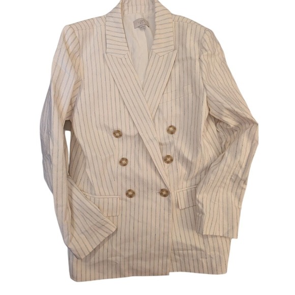 LOFT Petites Linen Blend Cream Striped Double Breasted Blazer‎ Jacket Size 10P - Picture 1 of 8